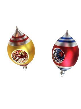 Christmas Ornaments Set Of 2 Reflector Indents Inset Stripes red gold holiday
